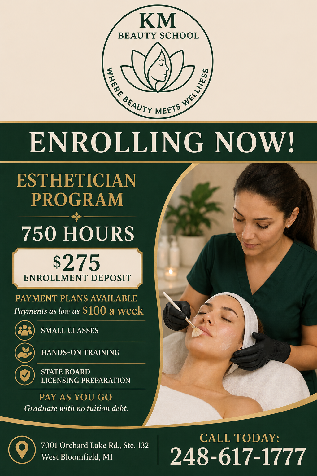 KM Beauty School esthetician enrollment poster featuring hands-on facial training